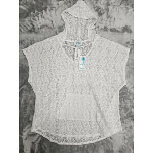 NEW Eshe Paradise Sheer Embroidered Lace Hooded Tunic Swim Cover Size M White